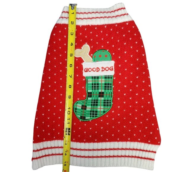 Good Dog Sweater Holiday Christmas Stocking Bone Hearts Warm Knit Puppy M 14" - Picture 5 of 5